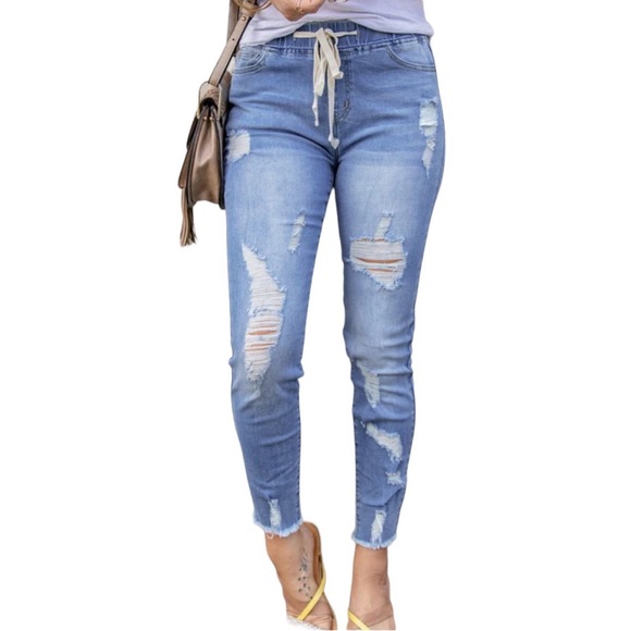 Dainty NYC Denim - Drawstring Elastic Waist Distressed Ripped Jeans
